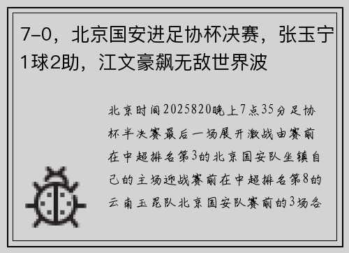 7-0，北京国安进足协杯决赛，张玉宁1球2助，江文豪飙无敌世界波